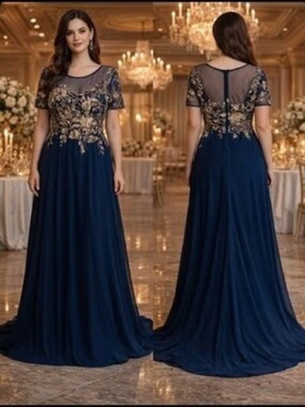 Betsy & Adam Navy Blue Gold Embellished Bodice Chiffon Gown Dress